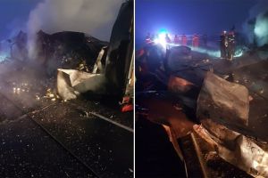 FOTO, VIDEO. Accident GRAV pe DN1, pe valea Oltului: Un autotren a intrat într-un cap de pod şi a luat foc. Trafic blocat total