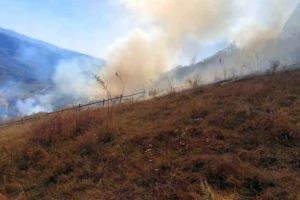 Pompierii din Alba, intervenţie la limita cu judeţul Hunedoara, pentru stingerea unui incendiu de pădure/litieră în munţii Vulcan, zona Buceş