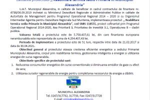 ANUNȚ DE PRESĂ / Lansarea proiectului “Reabilitare termică sediu Primărie în Municipiul Alexandria”