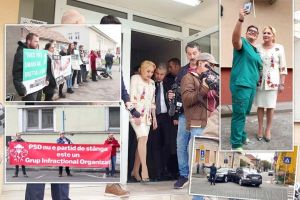 Incidente la vizita Vioricăi Dăncilă la Maternitatea Oradea: Protestatari, accident rutier şi... un ministru blocat în lift (FOTO / VIDEO)