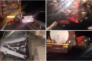 Trafic blocat pe A1. Accident cu un TIR, o autocisternă şi un autoturism