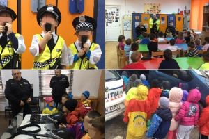 FOTO ȘTIREA TA| Poliţistul, prieten al copiilor: Inţiativa inedită la o grădiniţă din Alba. Copiii ajutaţi de agenţii de la Locală să-şi învingă teama „că te ia nenea poliţistul”