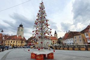 FOTO Bradul controversat de anul trecut, montat în Piaţa Mică – Acum are şi globuri