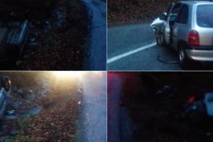 FOTO| Accident rutier pe DN 74, zona Dealu Mare: Coliziune între două autoturisme. O maşină s-a răsturnat în valea Abrudelului