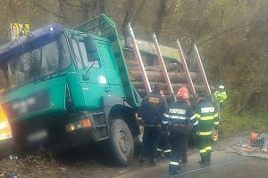 Moţăieni: Autocamion cu lemne răsturnat peste un pieton