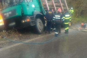 Accident cumplit vineri dimineaţă, pe DN 71. Un camion cu lemne s-a răsturnat peste o femeie