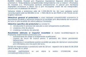 Comunicat de presa: Finalizarea proiectului Cresterea competivitatii economice a S.C. METAL COM INOX S.R.L. - etapa 2