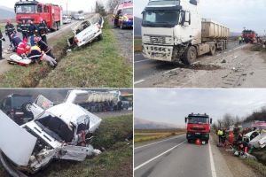 FOTO| Accident GRAV: Bărbat din ALBA rănit după o coliziune dintre un TIR şi un autoturism. A fost nevoie de descarcerare.
