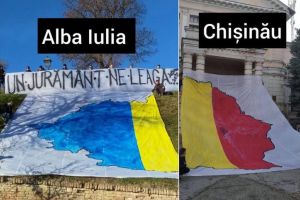 FOTO. Unioniştii au rupt harta României Mari în două: Jumătate de Românie la Alba Iulia, cealaltă la Chişinău, sub deviza: „Un jurământ ne leagă/ Țara nu-i întreagă”