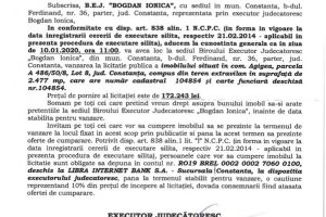 Licitatie publica organizata de B.E.J. Bogdan Ionica