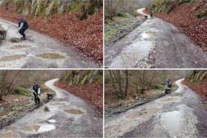 FOTO. Românii au început să îşi repare singuri drumurile: ”Au demarat lucrările de reparaţii la un drum judeţean. Câştigătorul licitaţiei este vecinul nostru, nea Ion”