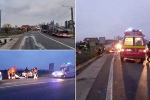 FOTO/VIDEO. Accident MORTAL pe DN15: Doi oameni au murit după ce un şofer a intrat pe contrasens şi s-a izbit de o autoutilitară