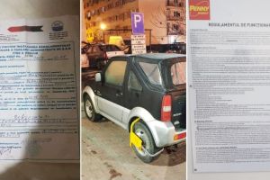 FOTO Știrea ta| Blocarea roţilor cu „gheară” în parcările supermarketurilor: O problemă care suscită discuţii intre şoferi şi administratorii spaţiilor comerciale
