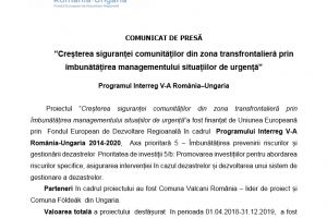 „Creşterea siguranţei comunităţilor din zona transfrontalieră prin îmbunătăţirea managementului situaţiilor de urgenţă”