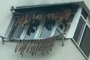 FOTO. Românii fac lucruri trăsnite: Balcon „decorat” de sărbători cu slănină şi cârnaţi puşi la uscat