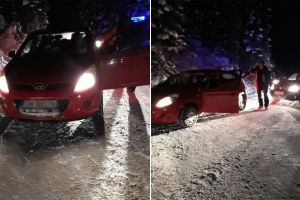 FOTO-VIDEO. O maşină blocată în zăpadă, în Munţii Șureanu, salvată cu ajutorul jandarmilor montani
