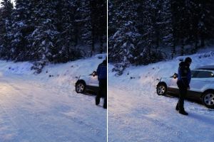 FOTO: Jandarmii montani din Șugag, au intervenit din nou, în Munţii Șureanu, după ce o maşină a derapat şi a rămas blocată în zăpadă