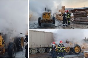 FOTO| Incendiu în Sebeş, la un utilaj – incarcator frontal: Intervine Garda de Intervenţie Sebeş