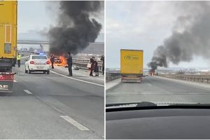 VIDEO FOTO O maşină arde ca o torţă pe autostrada Sibiu – Sebeş