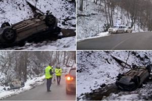 UPDATE FOTO| Maşină cu ROȚILE ÎN SUS  pe Dealu Mare, urmare a unui accident care a avut loc pe DN 74, la Bucium