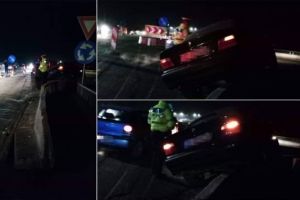 FOTO Știrea ta| „Cascadoria” începutului de an într-un oraş din Alba. Un segmenent de beton, nesemnalizat reflectorizant, al podului l-a pus pe un şofer „pe butuci”