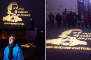 FOTO, VIDEO| Imaginea poetului simbol Mihai Eminescu, proiectată miercuri pe faţada Sălii Unirii din Alba Iulia