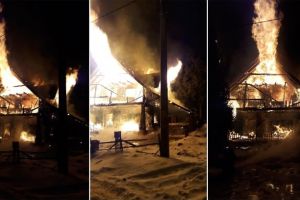 FOTO| Incendiu VIOLENT la o cabană turistică în Luncile Prigoanei. Intervenţie în forţă a pompierilor, cu patru autospeciale