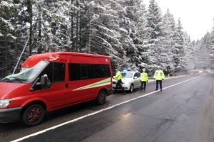 Microbuz lovit de un copac doborât de vânt pe DN 13A