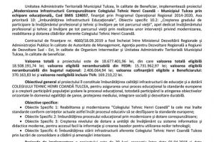 Comunicat de presa: Lansarea proiectului Modernizarea Infrastructurii Corespunzatoare Colegiului Tehnic Henri Coanda - Municipiul Tulcea prin echipare educationala“