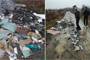 FOTO. Gunoaie basculate pe mijlocul drumului, într-o localitate din judeţ. Poliţia, la faţa locului