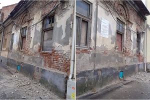 FOTO. Clădire din centrul Sătmarului, un adevărat pericol pentru pietoni