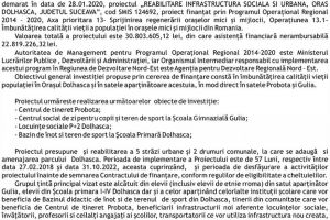 REABILITARE INFRASTRUCTURĂ SOCIALĂ SI URBANĂ, ORAȘ DOLHASCA, JUDEȚUL SUCEAVA