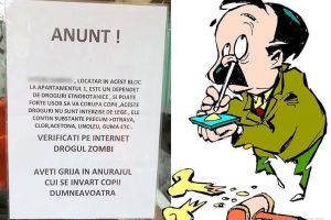 Droguri cu... linoleu! Avertizare bizară pe uşa unei scări de bloc din Oradea