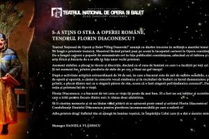 S-a stins o stea a Operei Romane, tenorul Florin Diaconescu. Mesajul managerului Daniela Vladescu