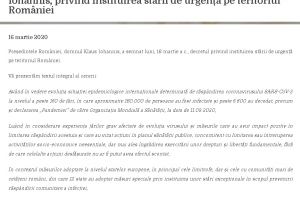 Document/ Decretul semnat de Preşedintele României, Klaus Iohannis, privind instituirea stării de urgenţă pe teritoriul României