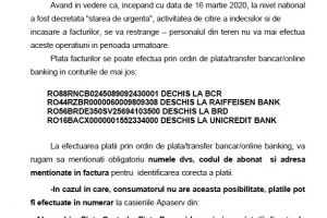 SC APA SERV SA – Informare privind modul de lucru în contextul decretării stării de urgenţă la nivel naţional