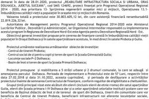 REABILITARE INFRASTRUCTURĂ SOCIALĂ SI URBANĂ, ORAȘ DOLHASCA, JUDEȚUL SUCEAVA