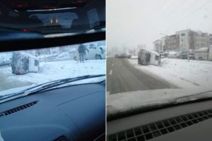 FOTO: Prima victimă a zăpezii – Maşină cu roţile-n sus pe Calea Cisnădiei