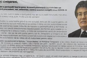 Mesajul primarului doctor Nicolae Robu pentru timişoreni, lipit pe farmacii şi în scările de bloc, în pandemie de coronavirus