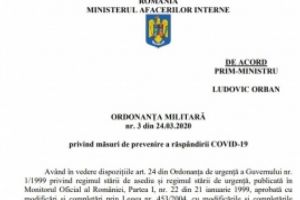DOCUMENT - Textul integral al Ordonanţei Militare nr. 3/2020, prin care se instituie carantina generală în România