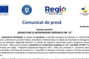 Comunicat de presă: Lansare proiect „Reabilitare şi modernizare Grădiniţa nr. 22”