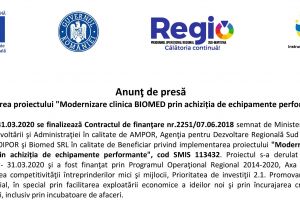 Finalizarea proiectului „Modernizare clinica BIOMED prin achiziţia de echipamente performante”