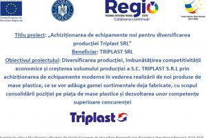 Cautare    Stiri din Mures, Stiri Targu mures – Liderul presei muresene      HOME / COMUNICATE / ACHIZIȚIONAREA DE ECHIPAMENTE NOI PENTRU DIVERSIFICAREA PRODUCȚIEI TRIPLAST SRL  Achiziţionarea de echipamente noi pentru diversificarea producţiei Triplast SRL