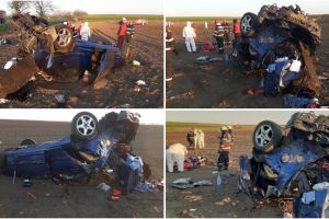 Judetul Constanta: Accident rutier grav intre Cobadin si Viisoara. Un Mercedes, distrus dupa ce s-a rasturnat in camp. Doua victime