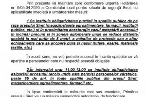 De astăzi, în Siret, purtarea măştii de protecţie a devenit obligatorie