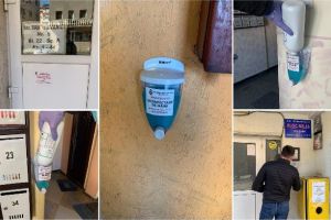 FOTO| Peste 800 de scări de bloc din Alba Iulia au fost dezinfectate. În 200 de blocuri s-au montat dozatoare cu dezinfectant pentru mâini