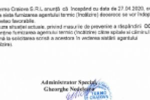 Termo Craiova SRL opreşte căldura în Craiova, din 27 aprilie