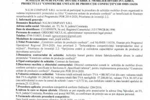 Anunt de participare la procedura competitiva ACHIZITIE BUNURI PENTRU DOTARE FABRICA - MOBILIER DIVERS IN CADRUL PROIECTULUI 