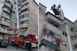 FOTO. Intervenţie la înălţime în Satu Mare. Tencuială desprinsă de pe un bloc