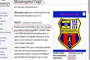 Date ilare în dreptul Metalurgistului Cugir pe Wikipedia: “Club fondat în anul 1 d.Hr. de Iisus Hristos şi Sfântul Spirit”!